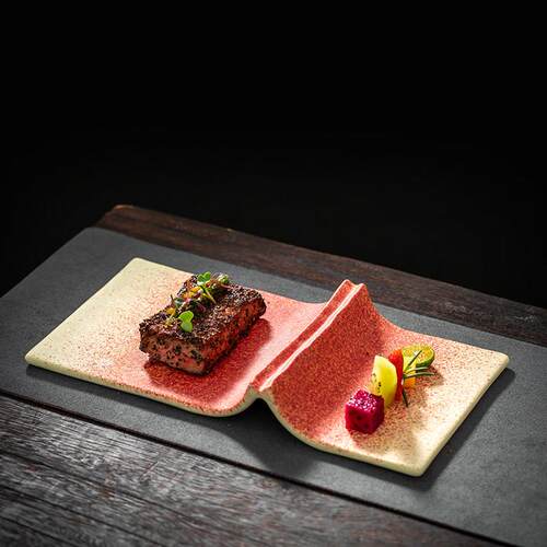 酒店陶瓷红色釉长方形平盘子分子料理意境融合菜餐具日式卷书寿司