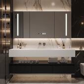 现代简约浴室柜岩板热弯一体盆橡木洗漱台酒店风卫生间洗脸盆定制