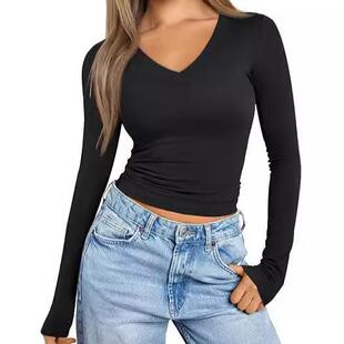 Long Sleeve V Neck Crop Top for Women Soft Workout Shirt