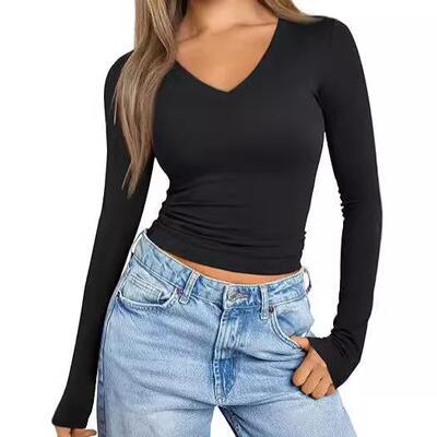 Long Sleeve V Neck Crop Top for Women Soft Workout Shirt