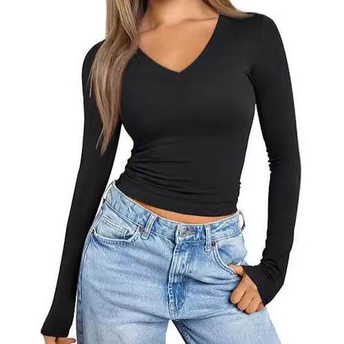 Long Sleeve V Neck Crop Top for Women Soft Workout Shirt