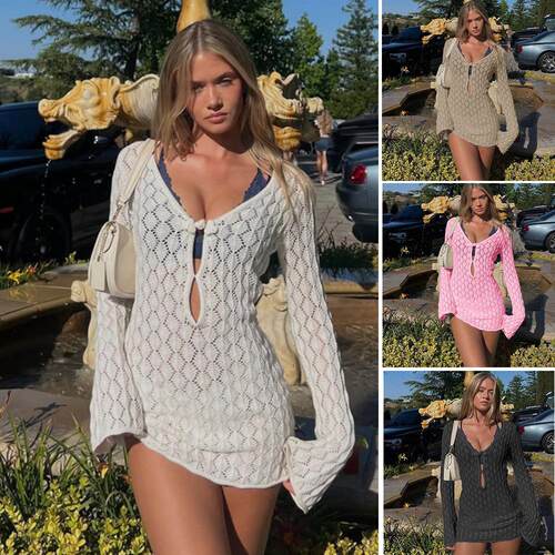 Women'S Casual Slim-Fit Long Sleeve Beach Cover-Up Plain