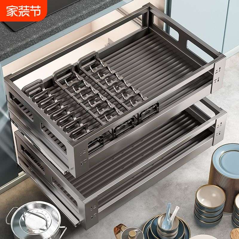 拉篮厨房橱柜304不锈钢双层抽屉式碗架收纳内置碗篮碗碟碗盘柜内