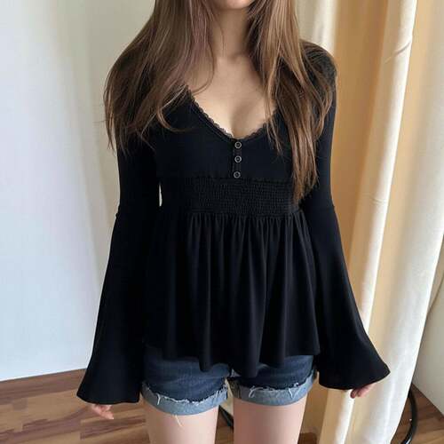Women's Vintage Lace Patchwork V-Neck High Waist Long Sleeve