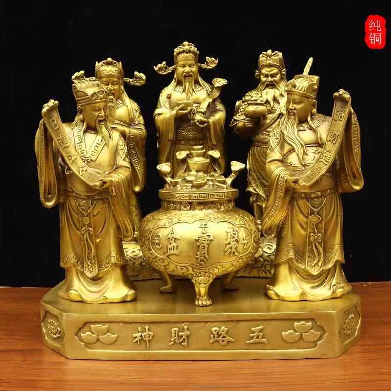 纯黄铜五路财神财神爷佛像文武聚宝盆铜像财神像店铺公司开业摆件