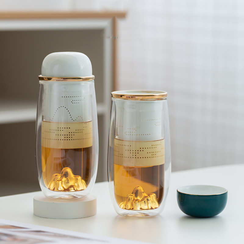 办公室茶杯家用玻璃杯陶瓷水杯茶水过创意带盖杯内胆双层分离滤泡