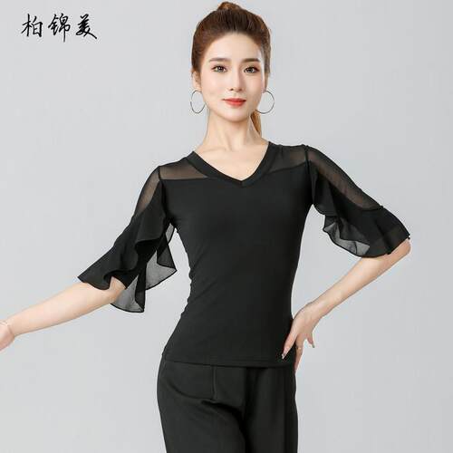 拉丁舞女上衣新款摩登舞演出服国标舞蹈练功服社交舞形体训练服装