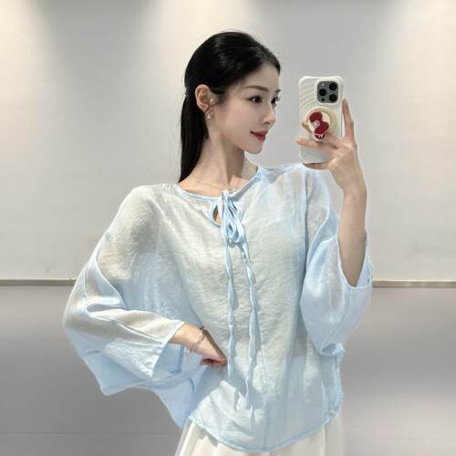 古典舞蹈服女新款前后两穿连身袖亚麻罩衫中国舞现代舞练功服上衣