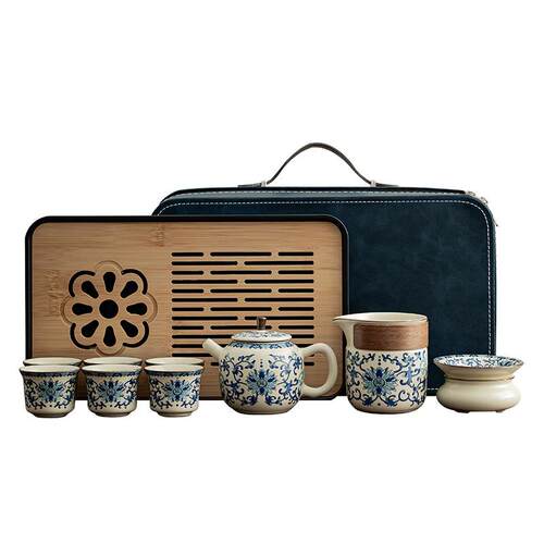 汝窑青花有福旅行茶具套装户外便携式收纳茶具商务礼品节日伴手礼