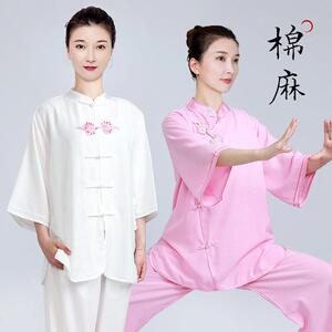 香港太极服女新款洋派棉麻亚麻太极拳练功服女夏季透气短袖薄款潮