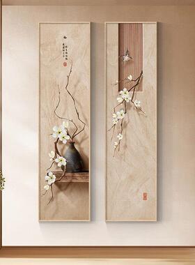 新中式玄关装饰画竖版走廊过道长条挂画高级感禅意茶室背景墙壁画
