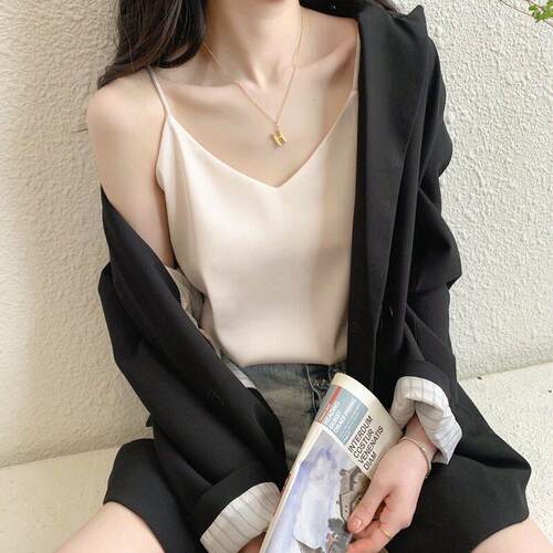 Casual V-Neck Sexy Solid Satin Woman Camis Tank Tops Chiffon