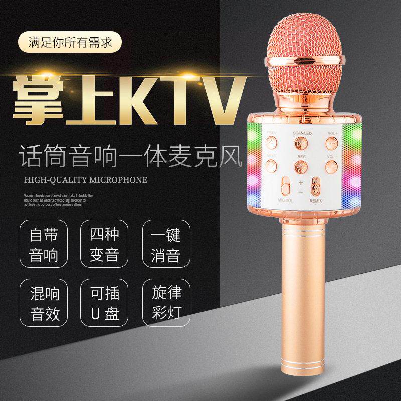 WS858L带灯话筒音响一体麦克风手机k歌无线蓝牙儿童卡拉OK跨境