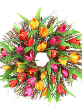 40CM橘黄色藤编郁金香花环家居客厅前门装饰花环