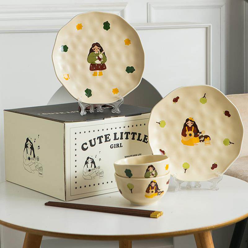 复古可爱女孩陶瓷餐具高级感家用米饭碗盘套装碗筷盘一二人食情侣