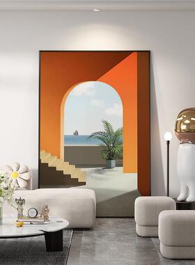 北欧轻奢橘橙色玄关客厅装饰画现代简约风景走廊背景墙壁竖版挂画