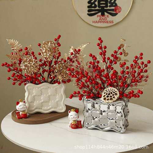 2023新年红果发财果假花仿真花客厅摆设春节氛围新年装饰花艺摆件