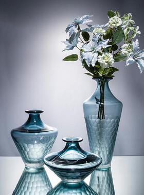 浅蓝磨刻细脖玻璃花瓶 水培富贵竹花器家居装饰摆件工艺品