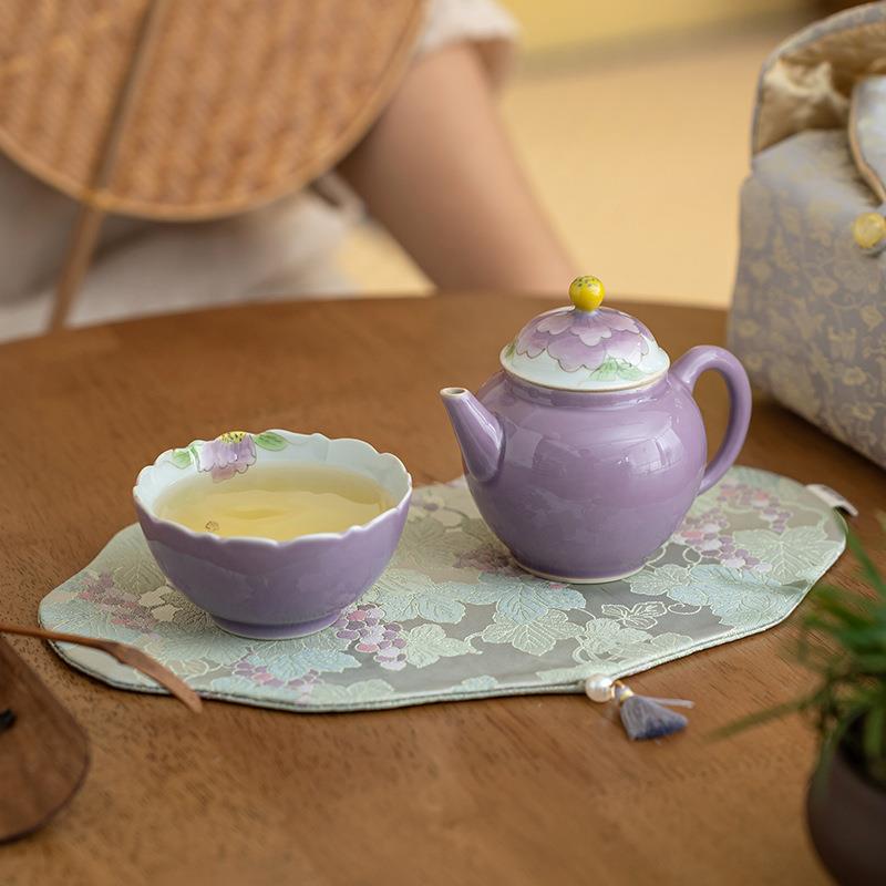 手绘紫色牡丹茶壶一壶一杯旅行功夫茶具便携式一人饮收纳包套组