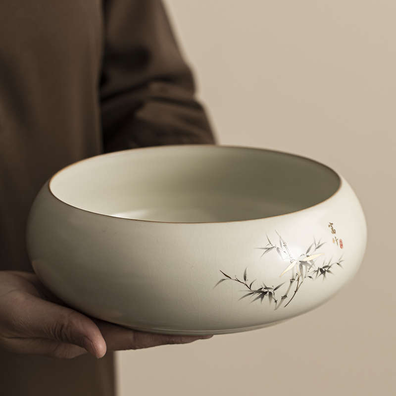 米黄汝窑茶洗杯洗水洗水盂茶渣缸陶瓷茶具配件洗茶器茶盆建水开片