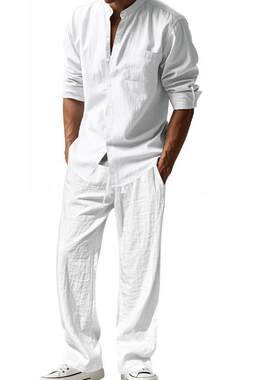 Mens Linen TwoPiece Set Classic Button Shirt Drawstring
