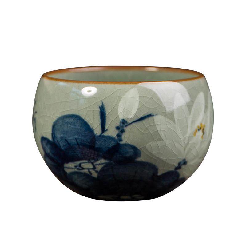 景德镇老陶泥主人杯 手绘白荷花茶杯 柴窑青花瓷釉下彩单杯品茗杯