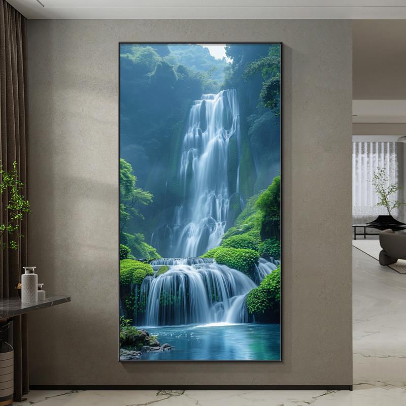 流水生财装饰画入户玄关挂画对门过道走廊壁画源远流长山水风景画