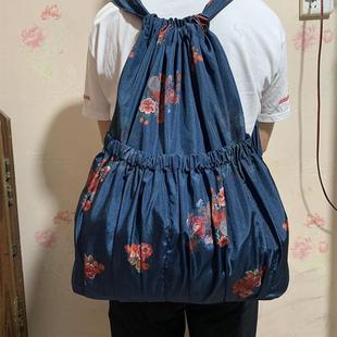 中老年双肩包买菜购物袋方便袋大容量防水背包女抽绳束口袋花布包