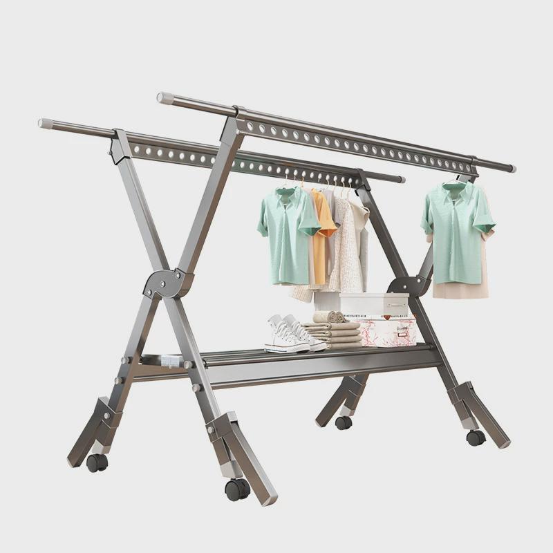 晾衣架阳台家用落地加粗加厚室外防风可折叠带轮子户外晒被子