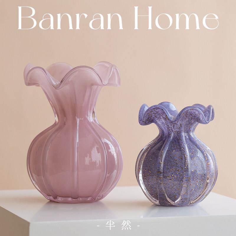 法式水晶福袋花瓶客厅插花玻璃琉璃轻奢高级感粉色紫色餐桌摆件小