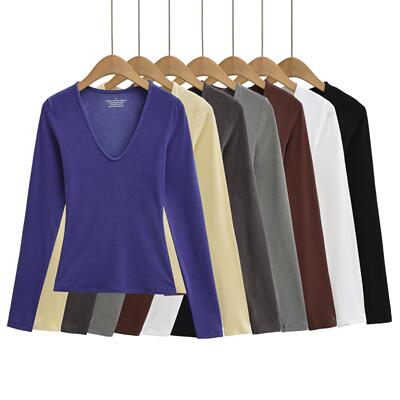 V-neck long sleeved elastic tight fitting base sweater top