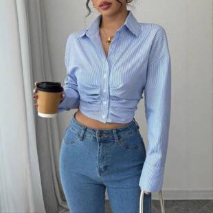 Women'S Fashion Polo Neck Striped Long Sleeve Short Shirt,