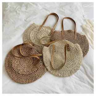 Bag Vintage Handmade Round Shoulder Beach Woven Straw