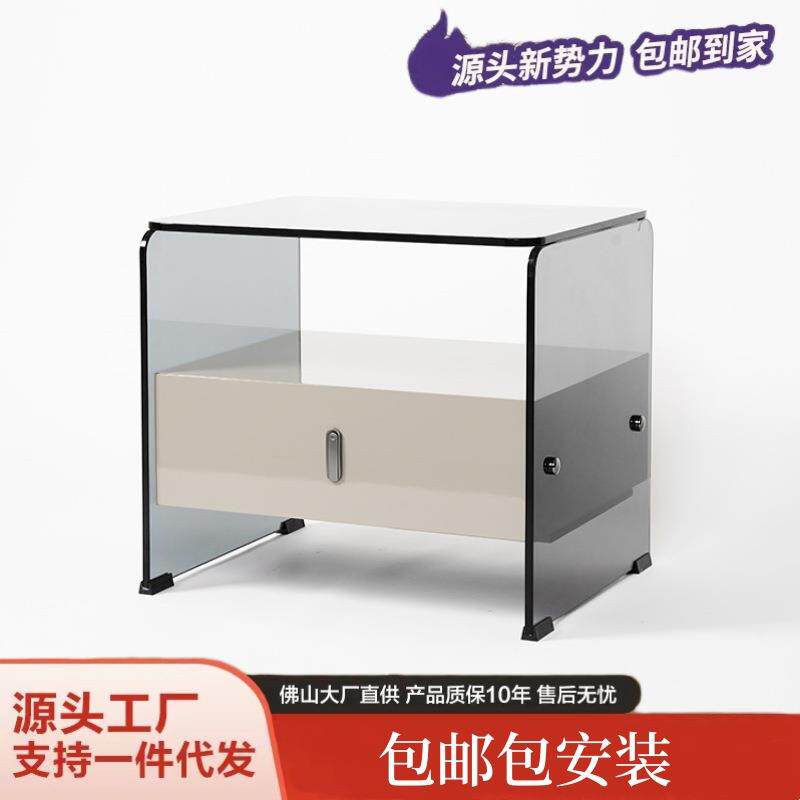 设计师款床头柜卧室储物小柜子钢化玻璃家用收纳床边柜进口浅灰色