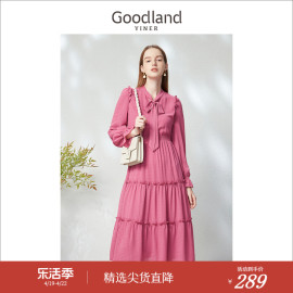 goodland美地女装春季波斯菊粉茶歇裙高腰，a字裙连衣裙