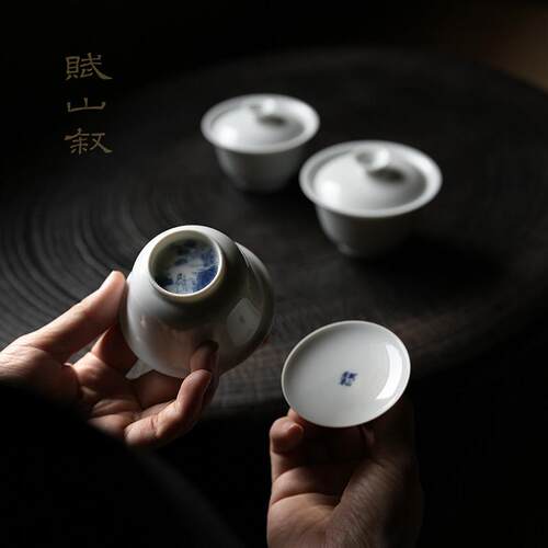 赋山叙二代审评盖碗80ml 110ml 150ml白瓷青花泡茶器不烫手