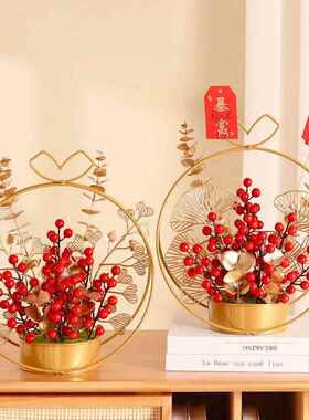 跨境婚庆发财果冬青果红浆果铁艺花篮乔迁新居桌面仿真花摆件