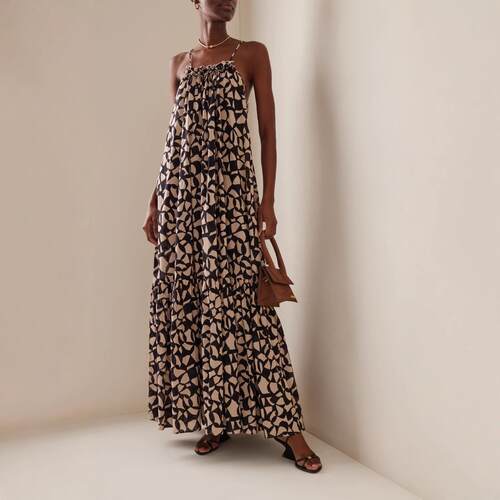 Women's printed long skirt with backless suspender dress