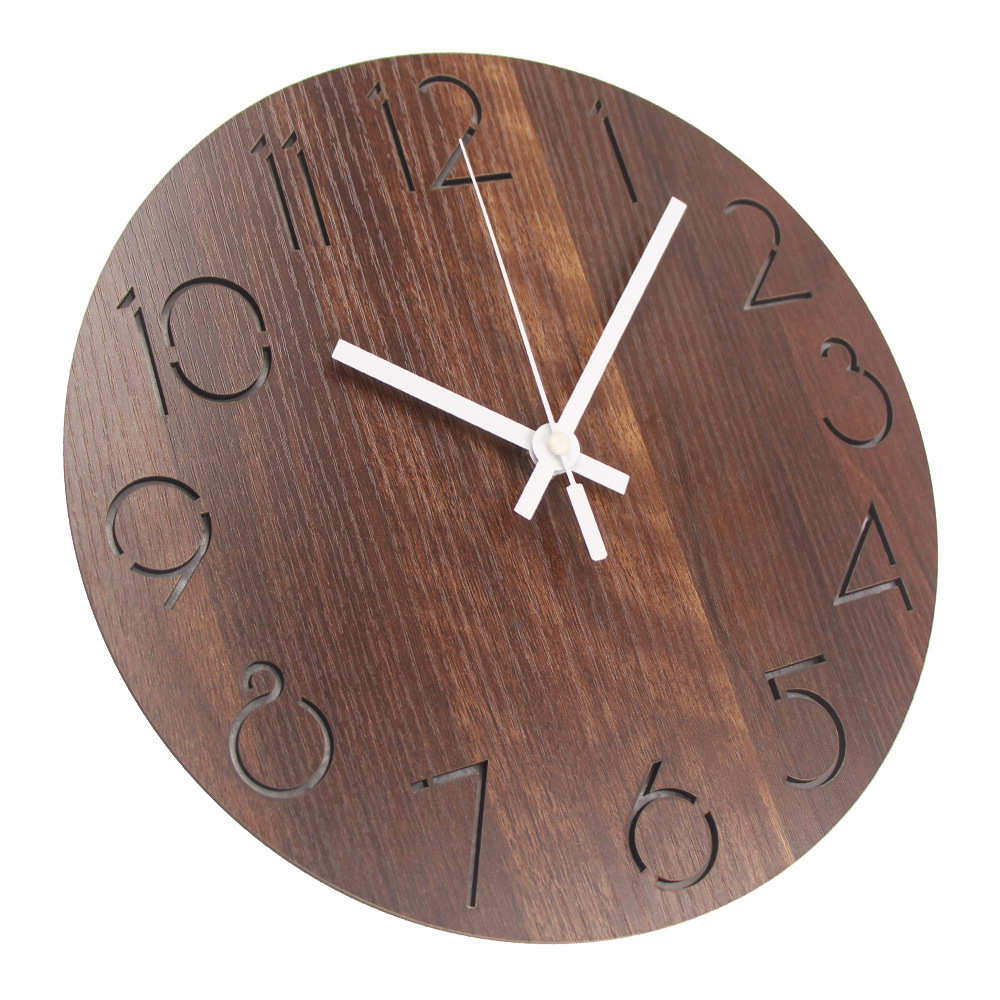 定制欧式复古棕色胡桃木创意客厅挂钟数字木质钟表简约时钟挂表大