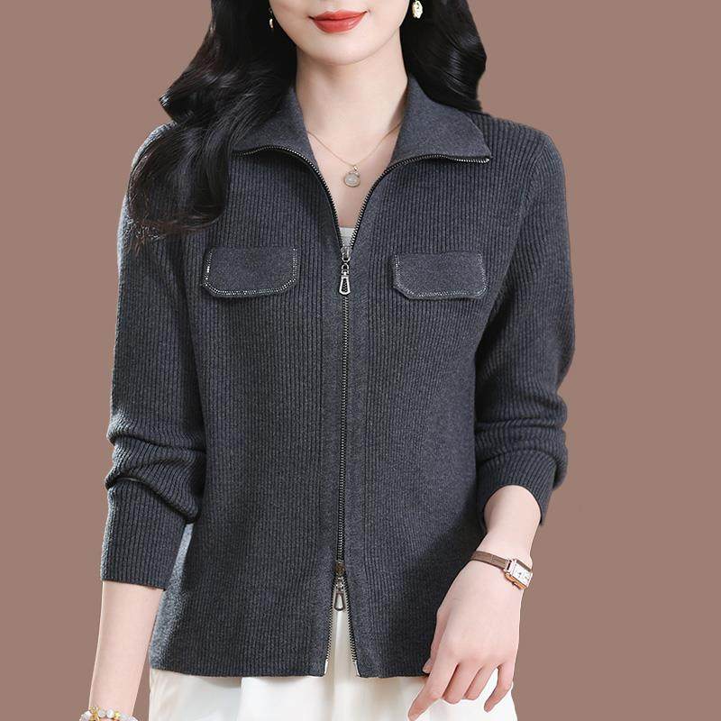 女士翻领针织开衫2025新款春秋外穿短款洋派上衣妈妈拉炼毛衣外套