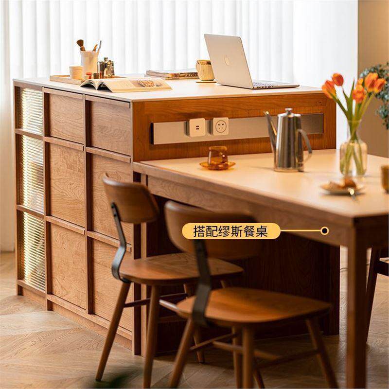 北欧全实木餐桌岛台多功能樱桃木餐厅吧台家用餐边柜储物柜