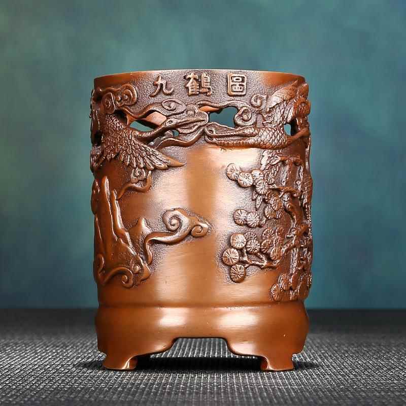 铜欣祥紫铜仙鹤笔筒摆件书房办公桌装饰品文房用品送恩师长辈