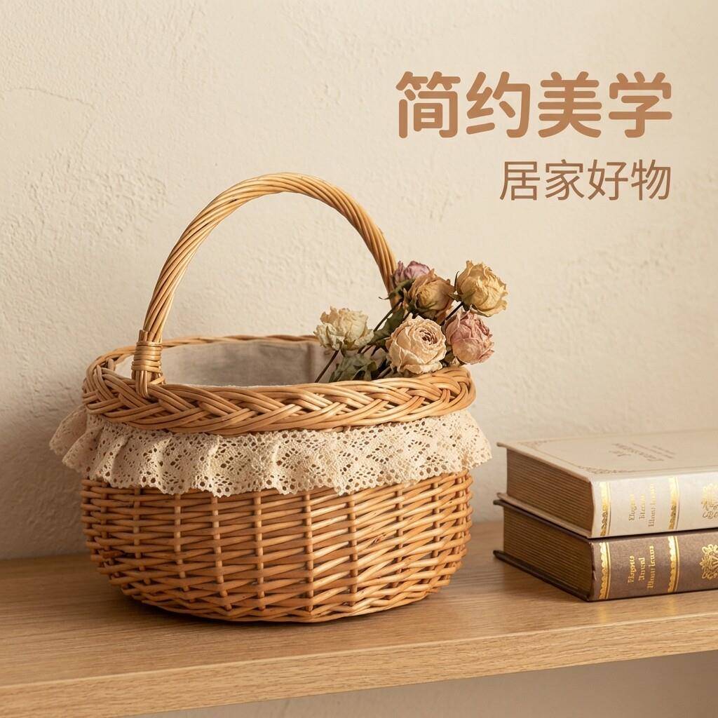 柳编编织手提野餐篮田园风蕾丝布艺收纳篮竹编收纳筐藤编储物篮子