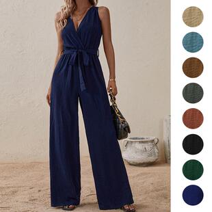 Women's Ruched Belted Tank Jumpsuit  Casual Surplice Neck