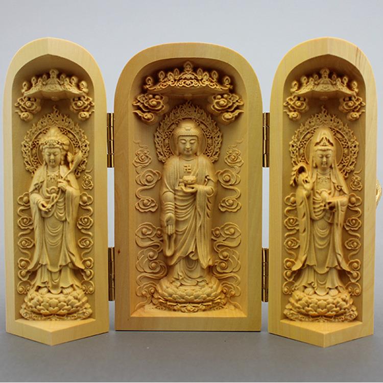厂家直销黄杨木雕佛像西方三圣三开盒观世音势至菩萨阿弥陀佛