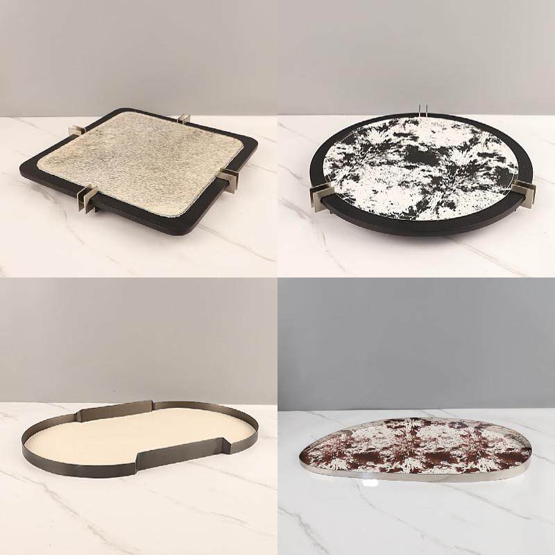轻奢木质马毛皮革金属香薰托 托盘客厅茶几样板间长形收纳盘装饰