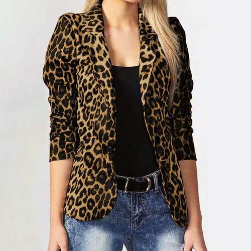Leopard Print Button Coat Casual Fitted Long Sleeve Lapel
