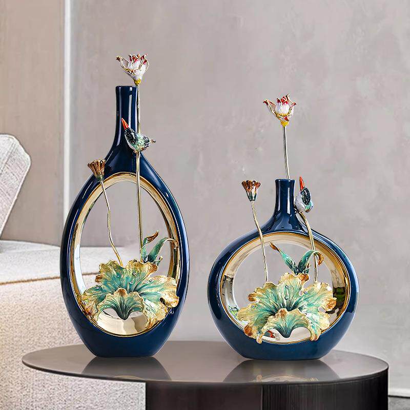 珐琅彩荷花花瓶摆件陶瓷花瓶插花花器干花鲜花瓷器客厅餐桌摆件