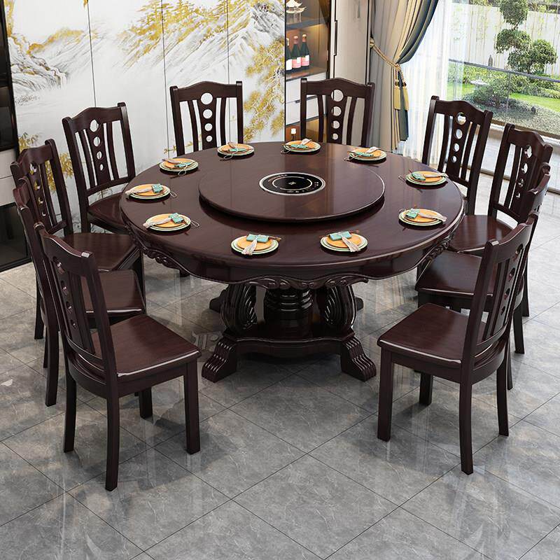 新中式实木餐桌椅组合大圆桌带转盘橡胶木圆形餐桌10人家用饭桌