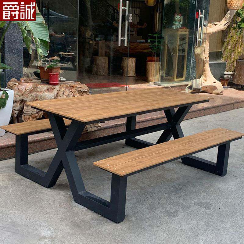 户外庭院桌椅组合阳台休闲防晒长条餐桌椅室外公园露天连体长桌椅